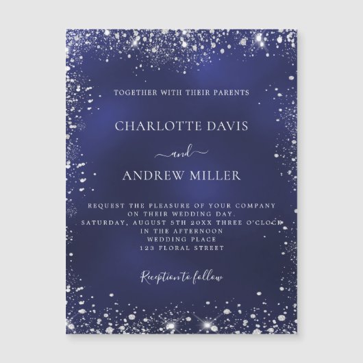Navy blue Silver Glitter bruiloft nodigmagneet uit (Voorkant)