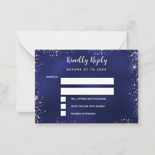 Navy blue Silver Glitter bruiloft RSVP Notitiekaartje (Voorkant)