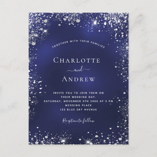 Navy blue Silver Glitter-bruiloft Uitnodiging Briefkaart (Voorkant)