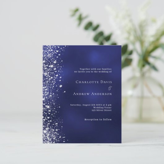 Navy blue Silver Glitter budget bruiloft uitnodigi (Staand voorkant)