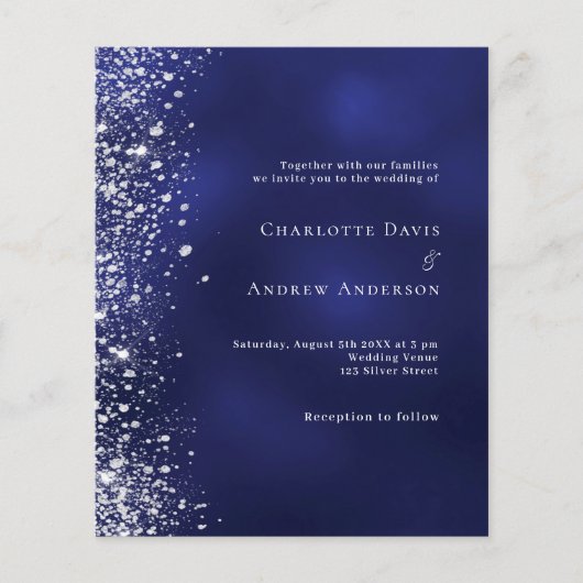 Navy blue Silver Glitter budget bruiloft uitnodigi (Voorkant)