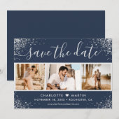 Navy Blue Silver Glitter Confetti Wedding 3 Foto Save The Date (Voorkant / Achterkant)