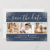 Navy Blue Silver Glitter Confetti Wedding 4 Foto Save The Date (Voorkant)
