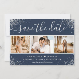 Navy Blue Silver Glitter Confetti Wedding 4 Foto Save The Date
