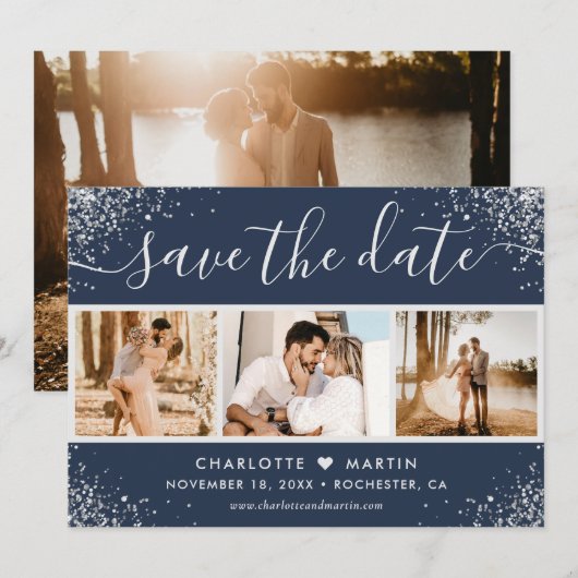 Navy Blue Silver Glitter Confetti Wedding 4 Foto Save The Date (Voorkant / Achterkant)