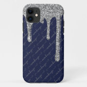 Navy Blue Silver Glitter Drips Handgeschreven naam Case-Mate iPhone Case (Achterkant)