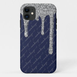 Navy Blue Silver Glitter Drips Handgeschreven naam Case-Mate iPhone Case