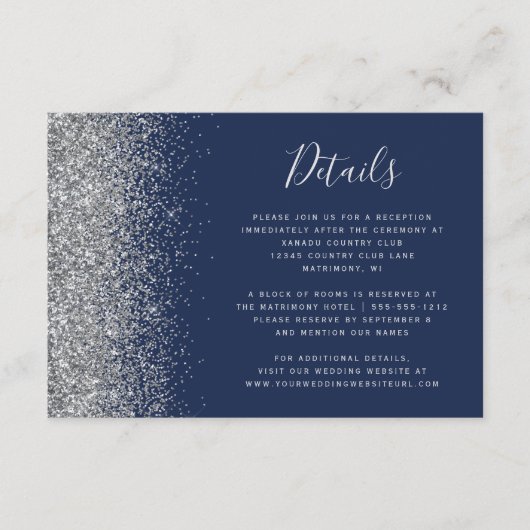 Navy Blue Silver Glitter Edge Wedding Details Informatiekaartje (Voorkant)