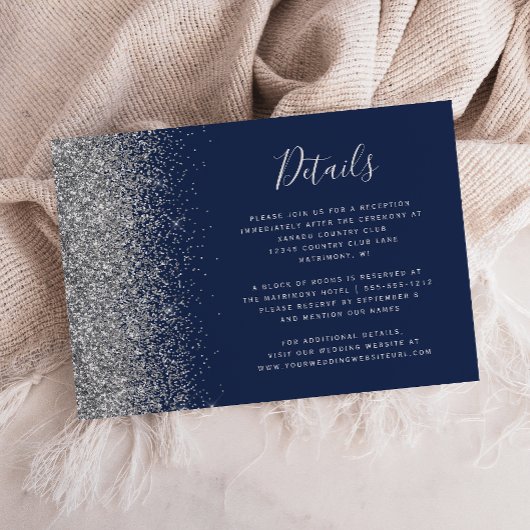 Navy Blue Silver Glitter Edge Wedding Details Informatiekaartje
