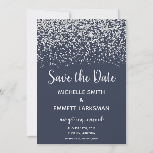 Navy Blue Silver Glitter Elegant Save the Date Kaart (Voorkant)