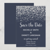 Navy Blue Silver Glitter Elegant Save the Date Kaart (Voorkant / Achterkant)