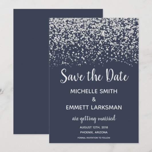 Navy Blue Silver Glitter Elegant Save the Date Kaart (Voorkant / Achterkant)
