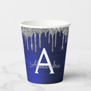 Navy Blue Silver Glitter en Sparkle Monogram Papieren Bekers