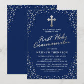 Navy Blue Silver Glitter First Heilige Communie Kaart (Voorkant / Achterkant)
