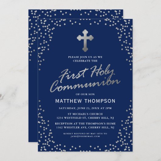 Navy Blue Silver Glitter First Heilige Communie Kaart (Voorkant / Achterkant)