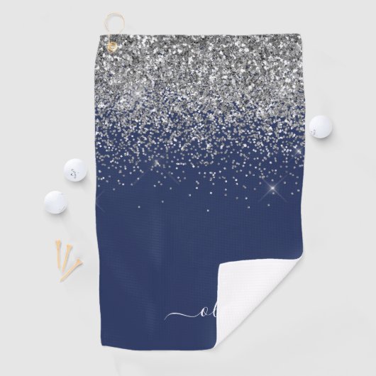 Navy Blue Silver Glitter Girly Monogram Golfhanddoek (Insitu)