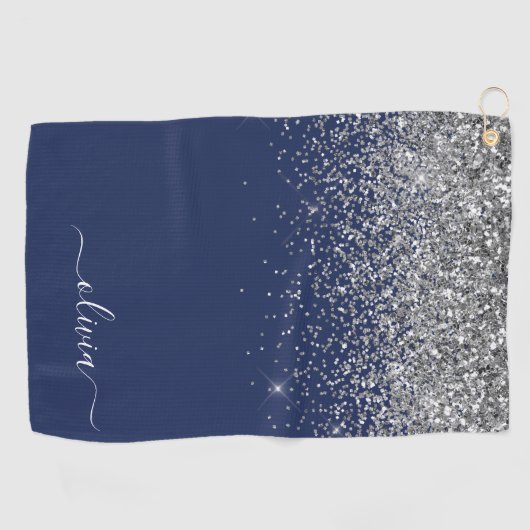 Navy Blue Silver Glitter Girly Monogram Golfhanddoek (Horizontaal)