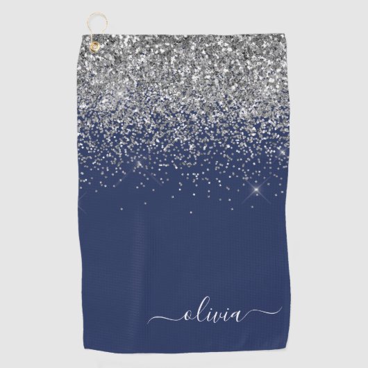 Navy Blue Silver Glitter Girly Monogram Golfhanddoek (Voorkant)