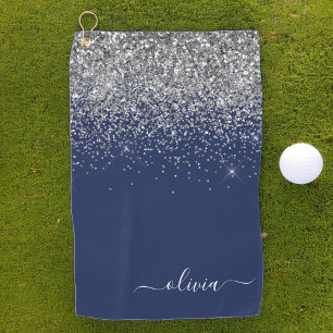 Navy Blue Silver Glitter Girly Monogram Golfhanddoek