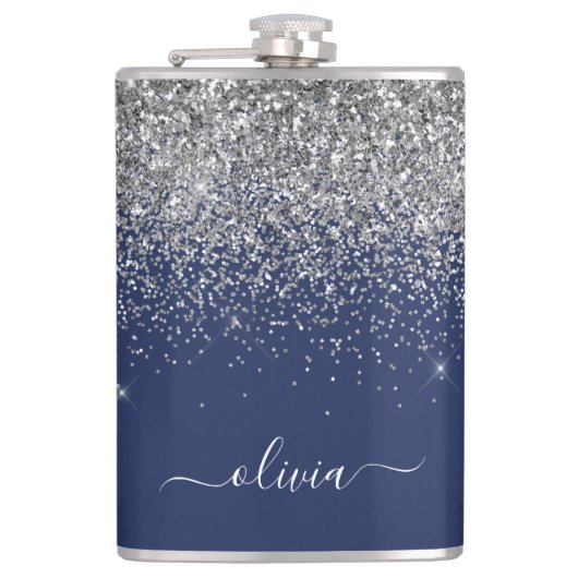 Navy Blue Silver Glitter Girly Monogram Heupfles (Voorkant)