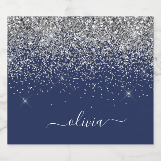 Navy Blue Silver Glitter Girly Monogram Likeurfles Etiket (Enkel label)