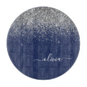 Navy Blue Silver Glitter Girly Monogram Snijplank (Voorkant)