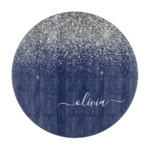 Navy Blue Silver Glitter Girly Monogram Snijplank