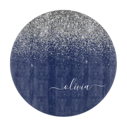 Navy Blue Silver Glitter Girly Monogram Snijplank (Voorkant)