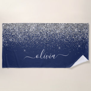Navy Blue Silver Glitter Girly Monogram Strandlaken