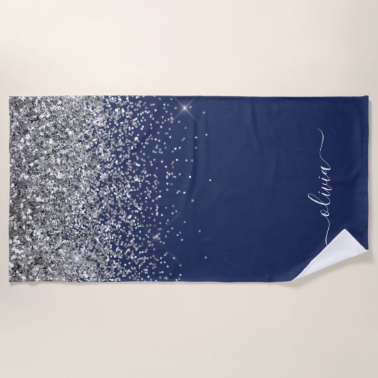Navy Blue Silver Glitter Girly Monogram Strandlaken (Voorkant)