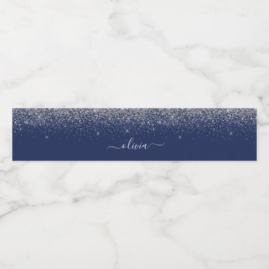 Navy Blue Silver Glitter Girly Monogram Waterfles Etiket (Enkel label)