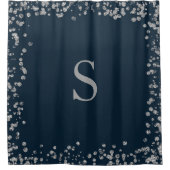 Navy Blue Silver Glitter Lijst Monogram Initiaal Douchegordijn (Voorkant)