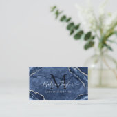 Navy Blue Silver Glitter Marble Agate Monogram Visitekaartje (Staand voorkant)