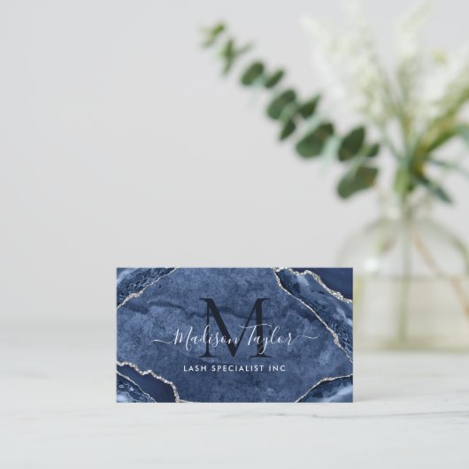 Navy Blue Silver Glitter Marble Agate Monogram Visitekaartje (Staand voorkant)