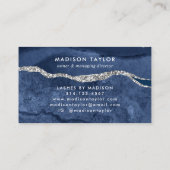Navy Blue Silver Glitter Marble Agate Monogram Visitekaartje (Achterkant)