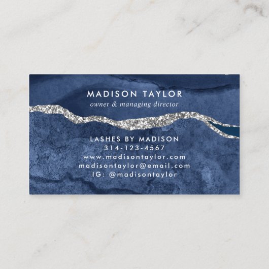 Navy Blue Silver Glitter Marble Agate Monogram Visitekaartje (Achterkant)