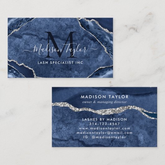 Navy Blue Silver Glitter Marble Agate Monogram Visitekaartje (Voorkant / Achterkant)