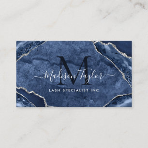 Navy Blue Silver Glitter Marble Agate Monogram Visitekaartje