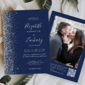 Navy Blue Silver Glitter Photo QR Code Wedding Kaart