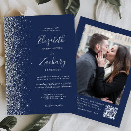 Navy Blue Silver Glitter Photo QR Code Wedding Kaart