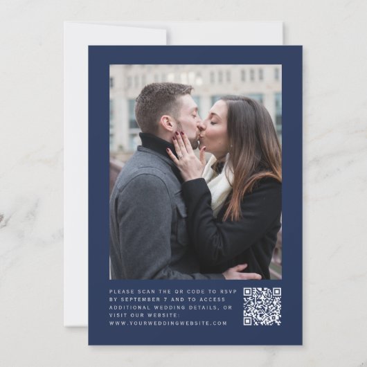 Navy Blue Silver Glitter Photo QR Code Wedding Kaart (Achterkant)