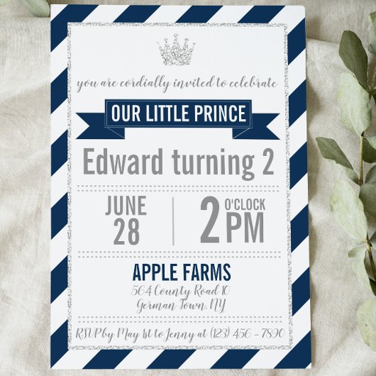 Navy Blue Silver Glitter Prince Birthday Invite Kaart