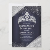 Navy Blue Silver Glitter Princess Tiara Quinceañer Kaart (Voorkant)