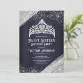 Navy Blue Silver Glitter Princess Tiara Sweet 16 I Kaart (Staand voorkant)