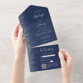 Navy Blue Silver Glitter QR Code Wedding All In One Uitnodiging (Afscheurbaar)