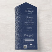 Navy Blue Silver Glitter QR Code Wedding All In One Uitnodiging (Binnen)