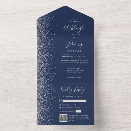 Navy Blue Silver Glitter QR Code Wedding All In One Uitnodiging (Binnen)
