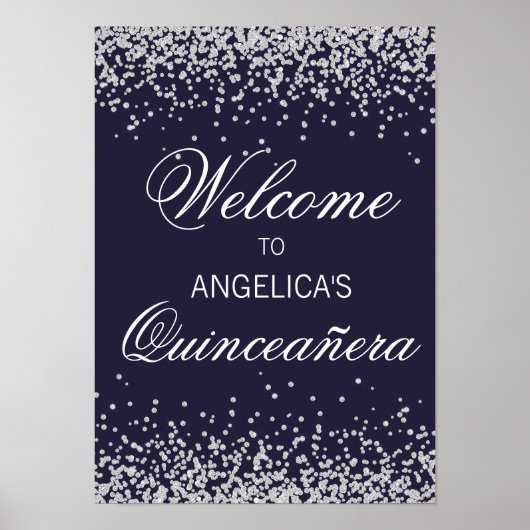 Navy Blue Silver Glitter Quinceañera Welkom Poster (Voorkant)