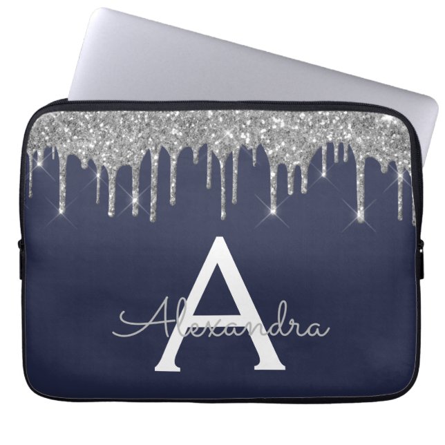 Navy Blue Silver Glitter Sparkle Monogram Laptop Sleeve (Voorkant)