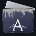 Navy Blue Silver Glitter Sparkle Monogram Laptop Sleeve<br><div class="desc">Navy Blue en Silver Faux Dripping Modern en Elegant Girly Glitter en Sparkle Elegant Monogram Hoesje. Dit hoesje kan worden aangepast om uw initiaal en voornaam op te nemen.</div>